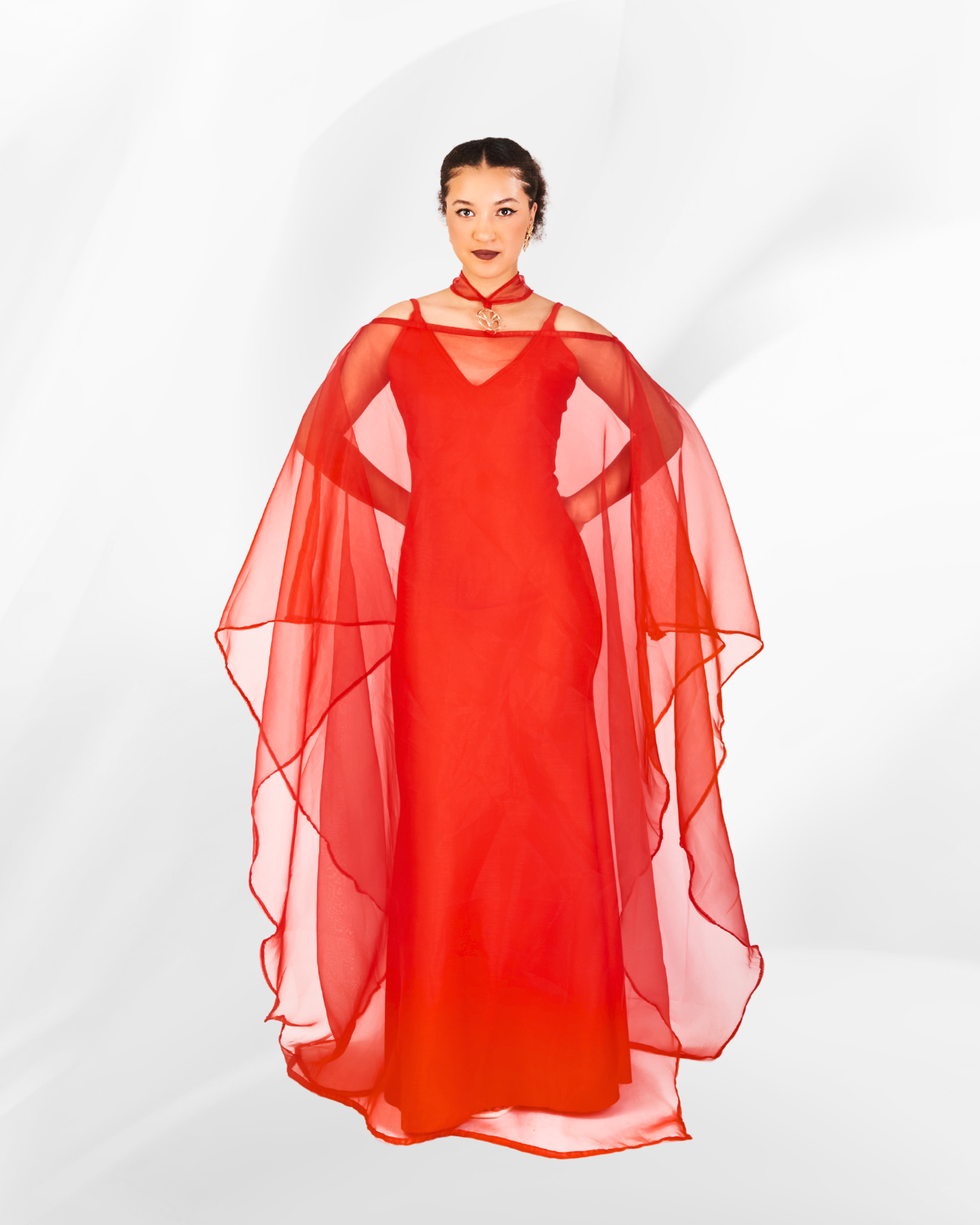 Adae Off-Shoulder Cape Dress in Scarlet Red