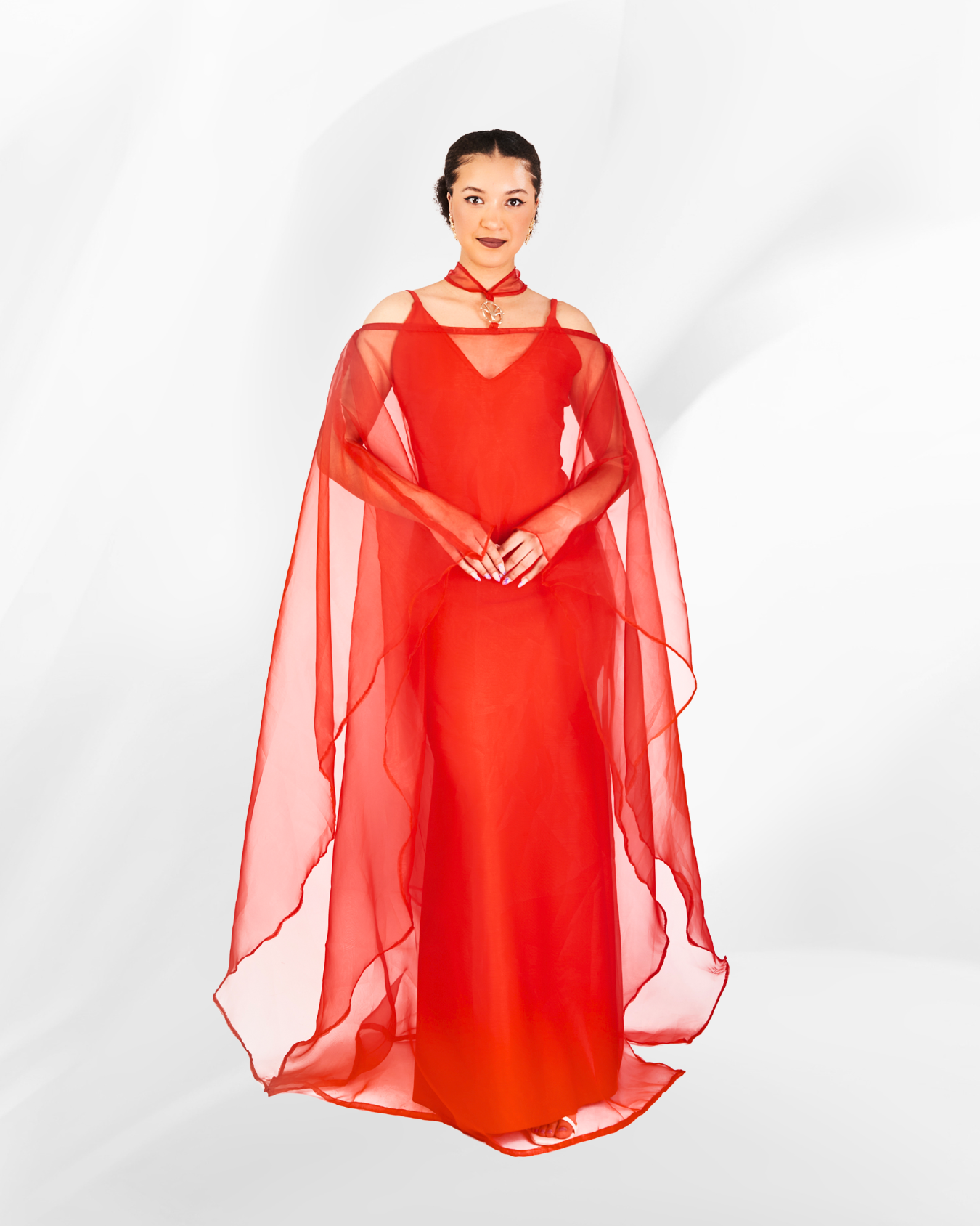 Adae Off-Shoulder Cape Dress in Scarlet Red