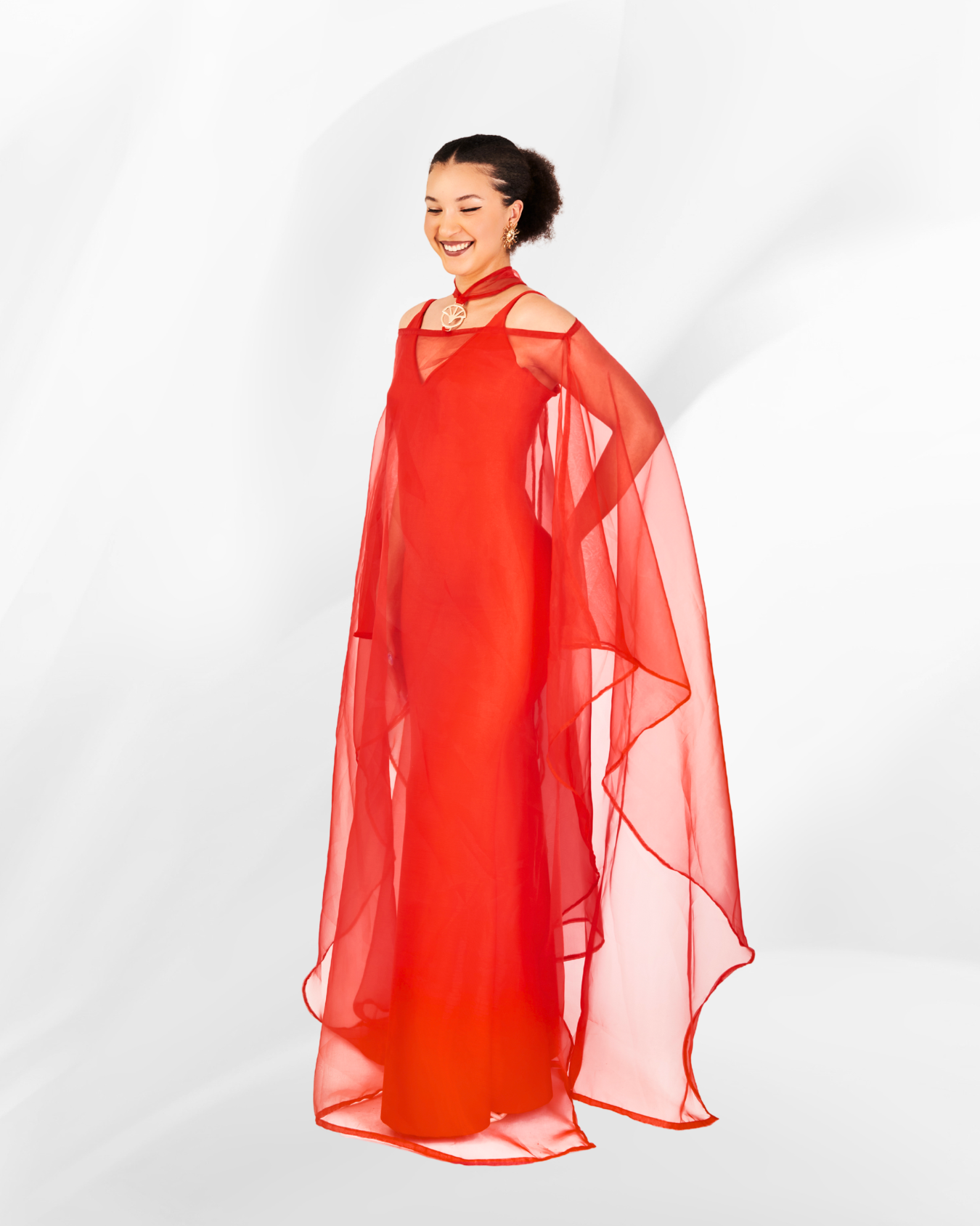 Adae Off-Shoulder Cape Dress in Scarlet Red
