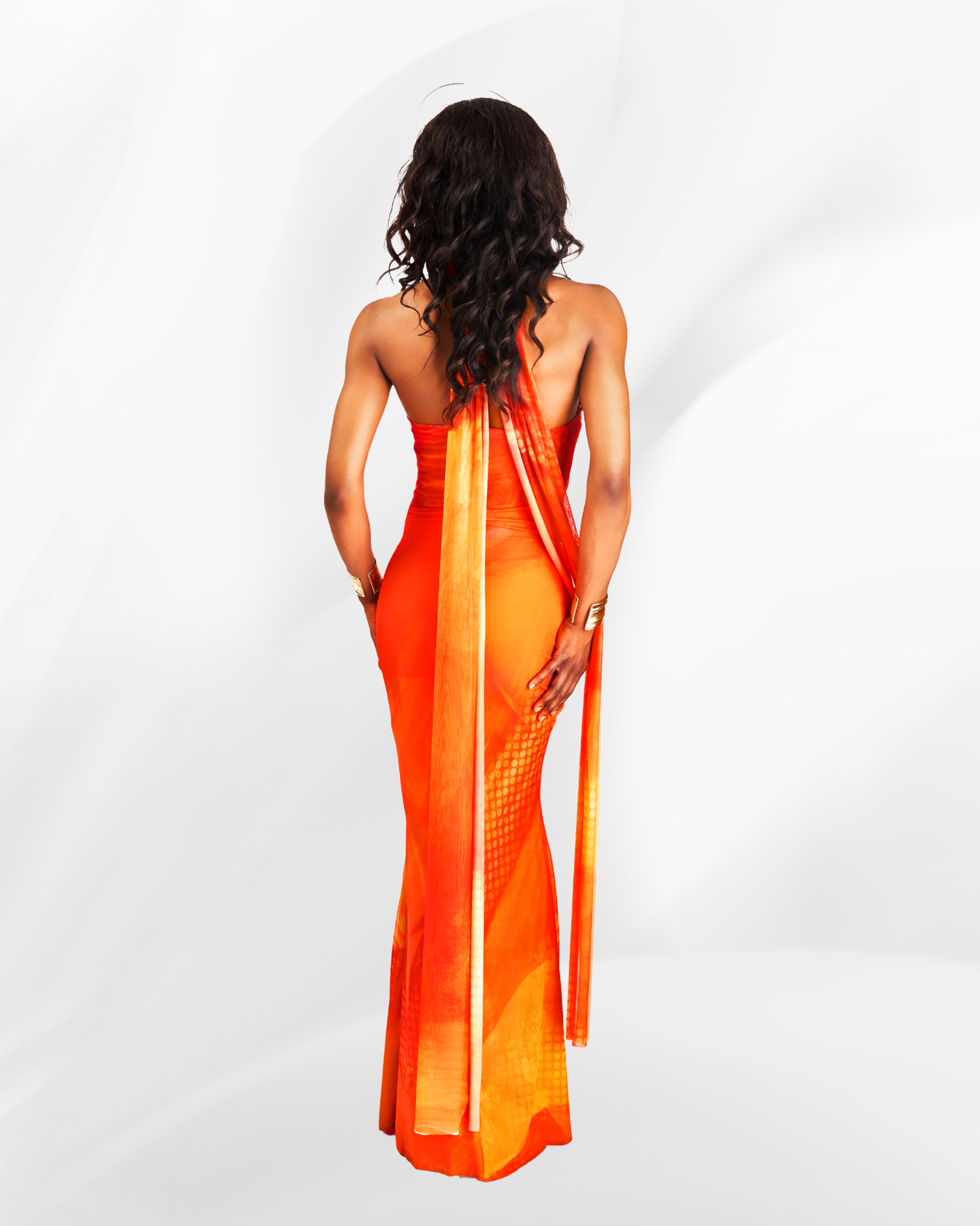 Tona Mesh Maxi Dress with Scarf in the Òòrùn Print