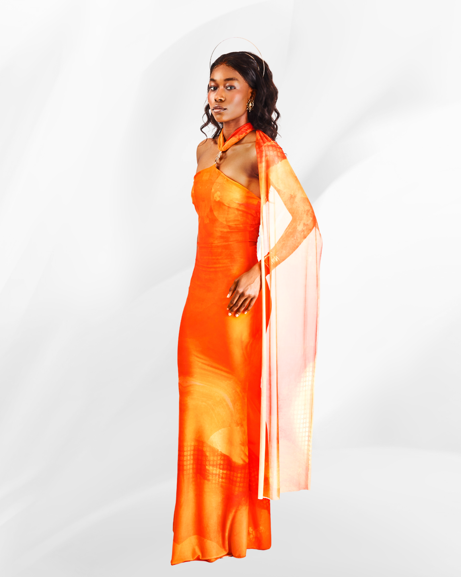 Tona Mesh Maxi Dress with Scarf in the Òòrùn Print
