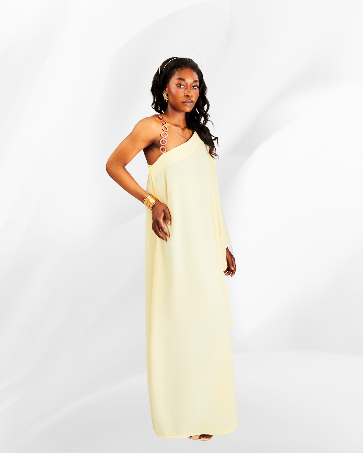 Sada One-Shoulder Maxi Kaftan Dress  in Butter Yellow