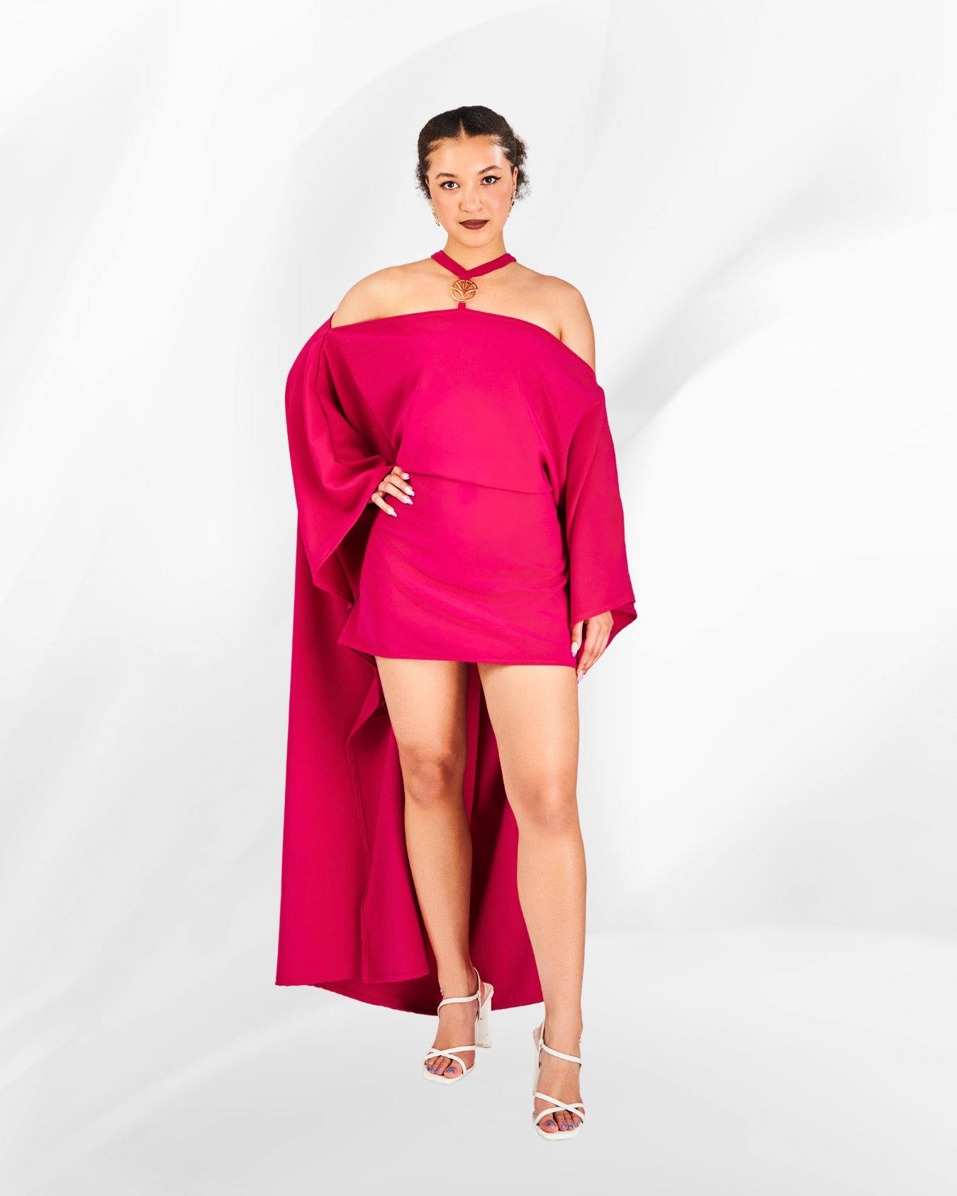 Nura Off-Shoulder Logo Dress in Fuchia Pink