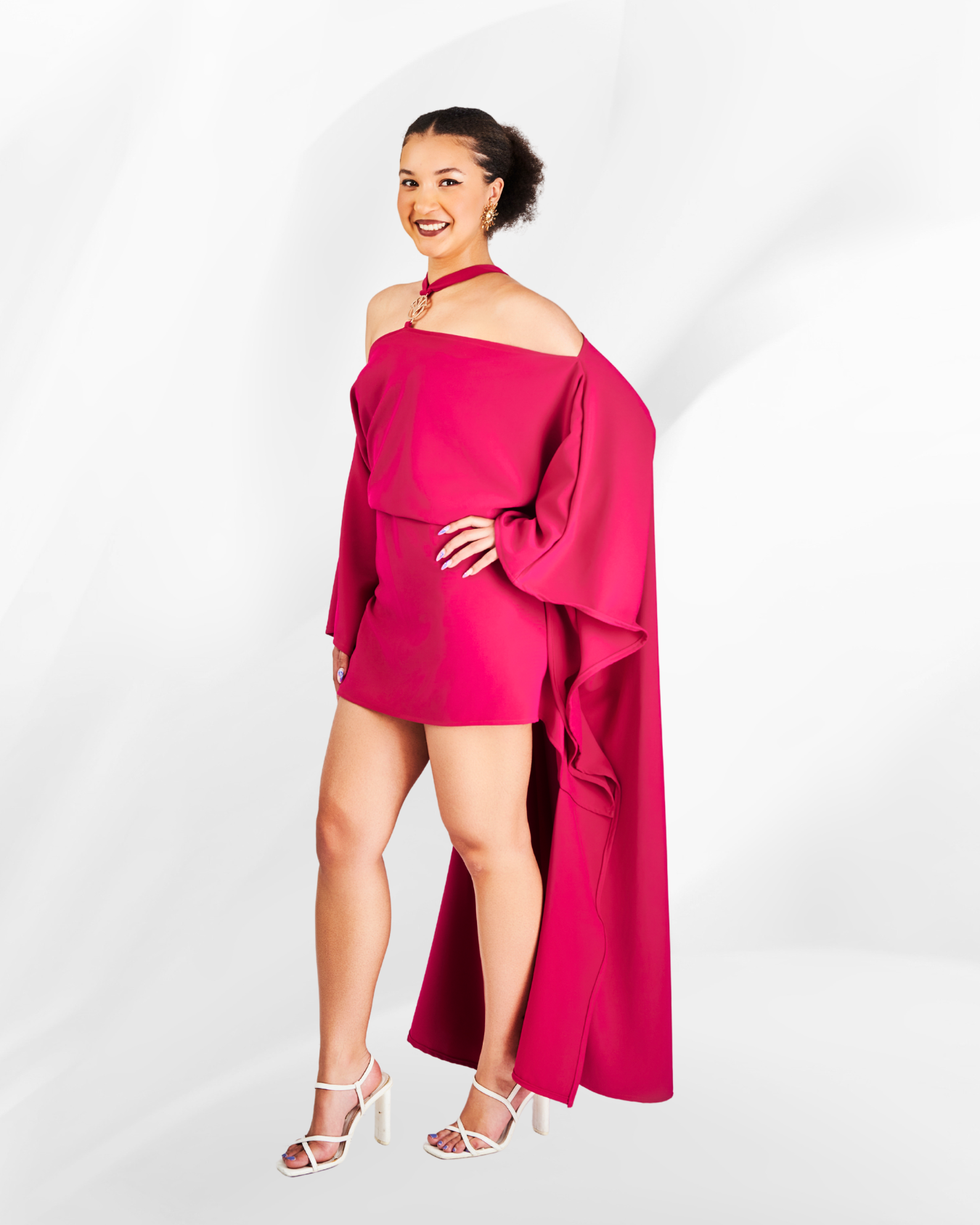 Nura Off-Shoulder Logo Dress in Fuchia Pink