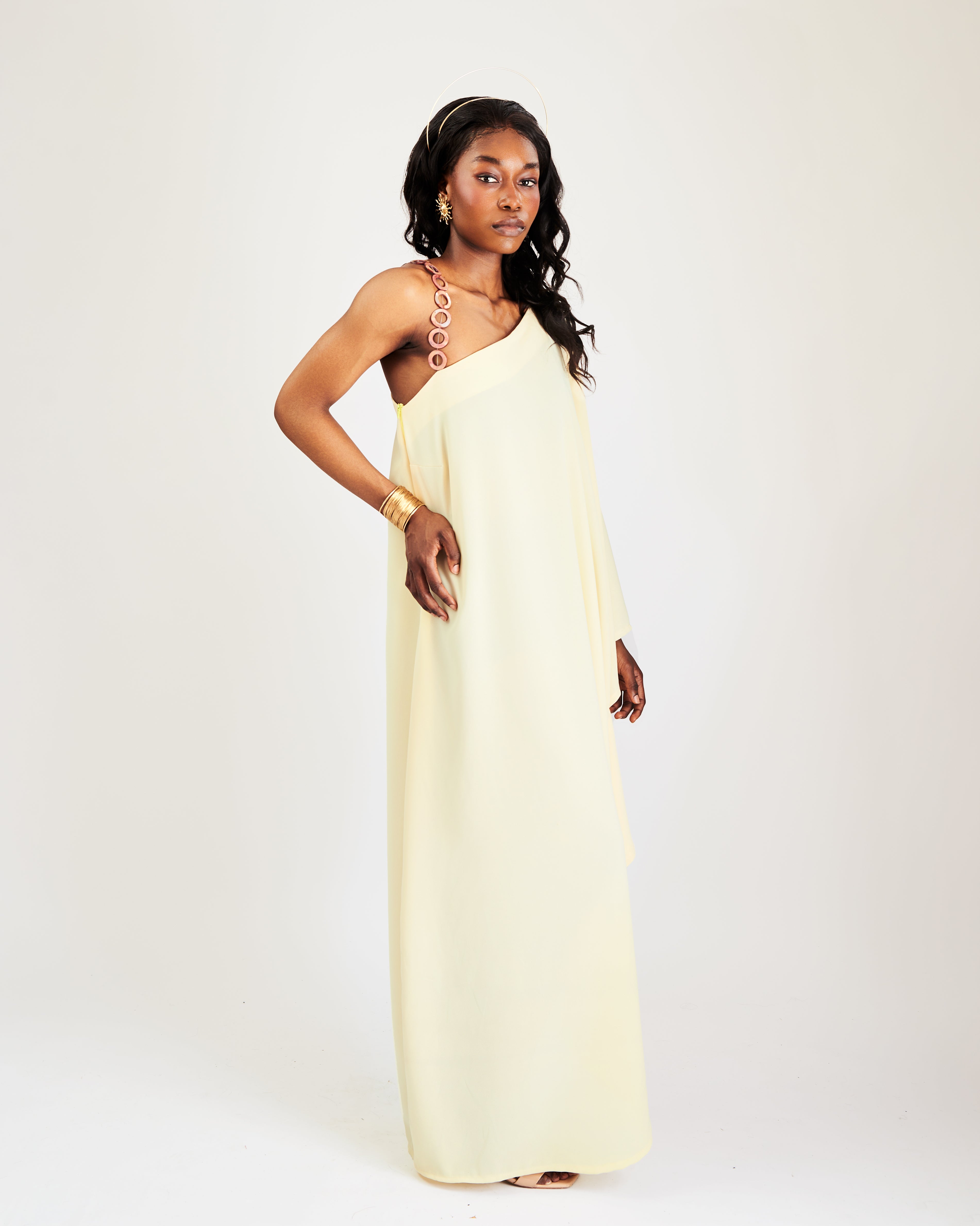 Sada One-Shoulder Maxi Kaftan Dress in Butter Yellow – OAMA