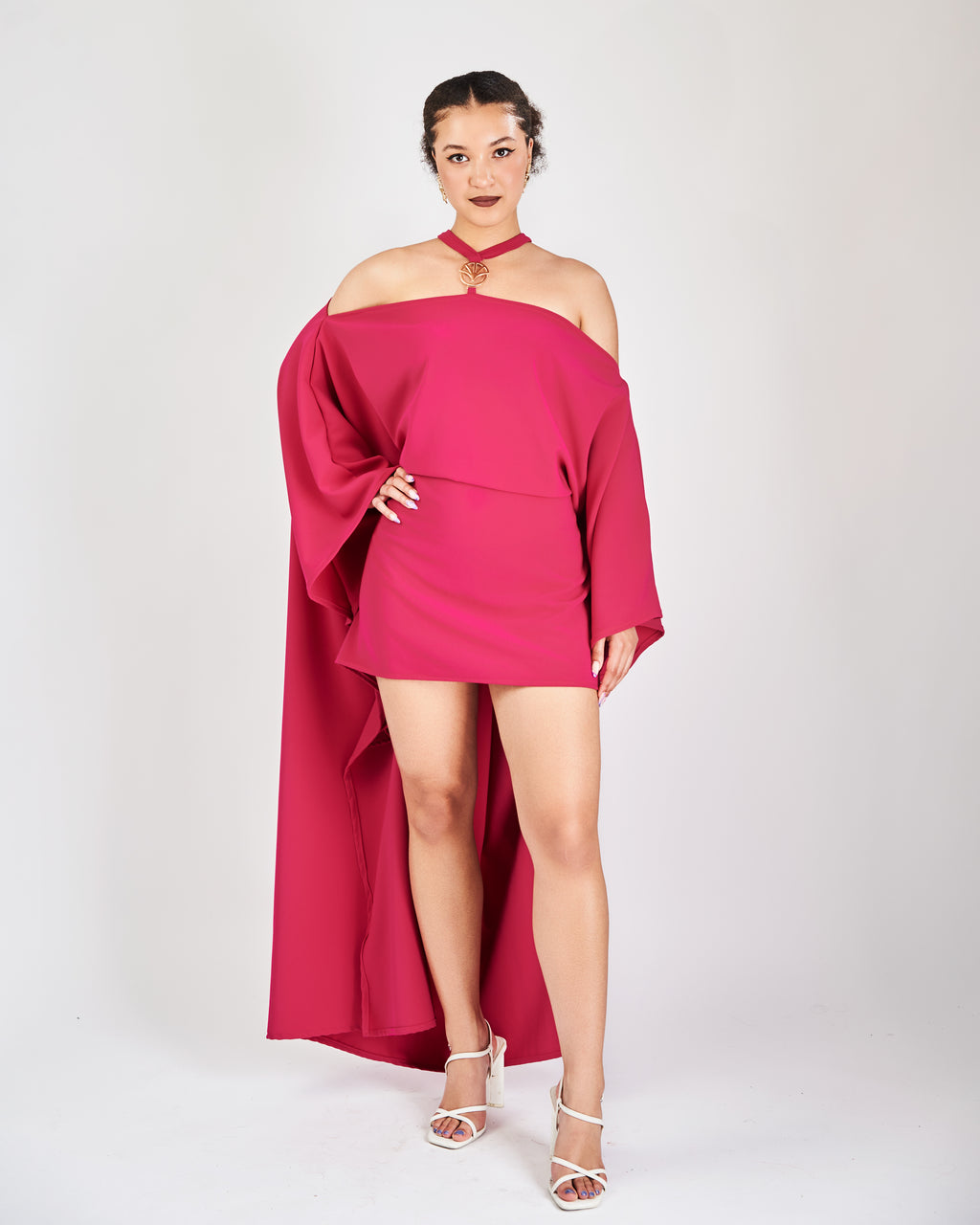 Nura Off-Shoulder Logo Dress in Fuchia Pink