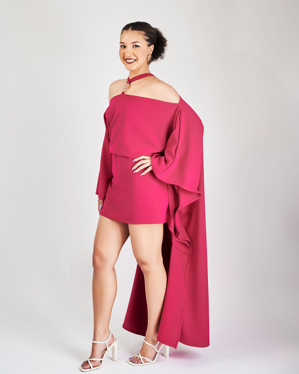 Nura Off-Shoulder Logo Dress in Fuchia Pink