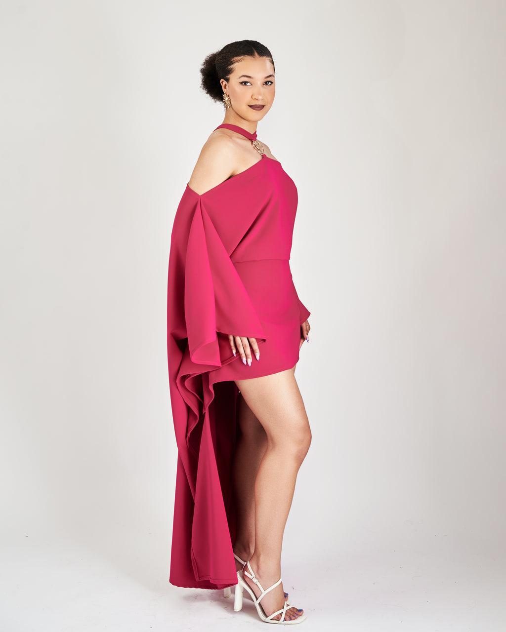 Nura Off-Shoulder Logo Dress in Fuchia Pink
