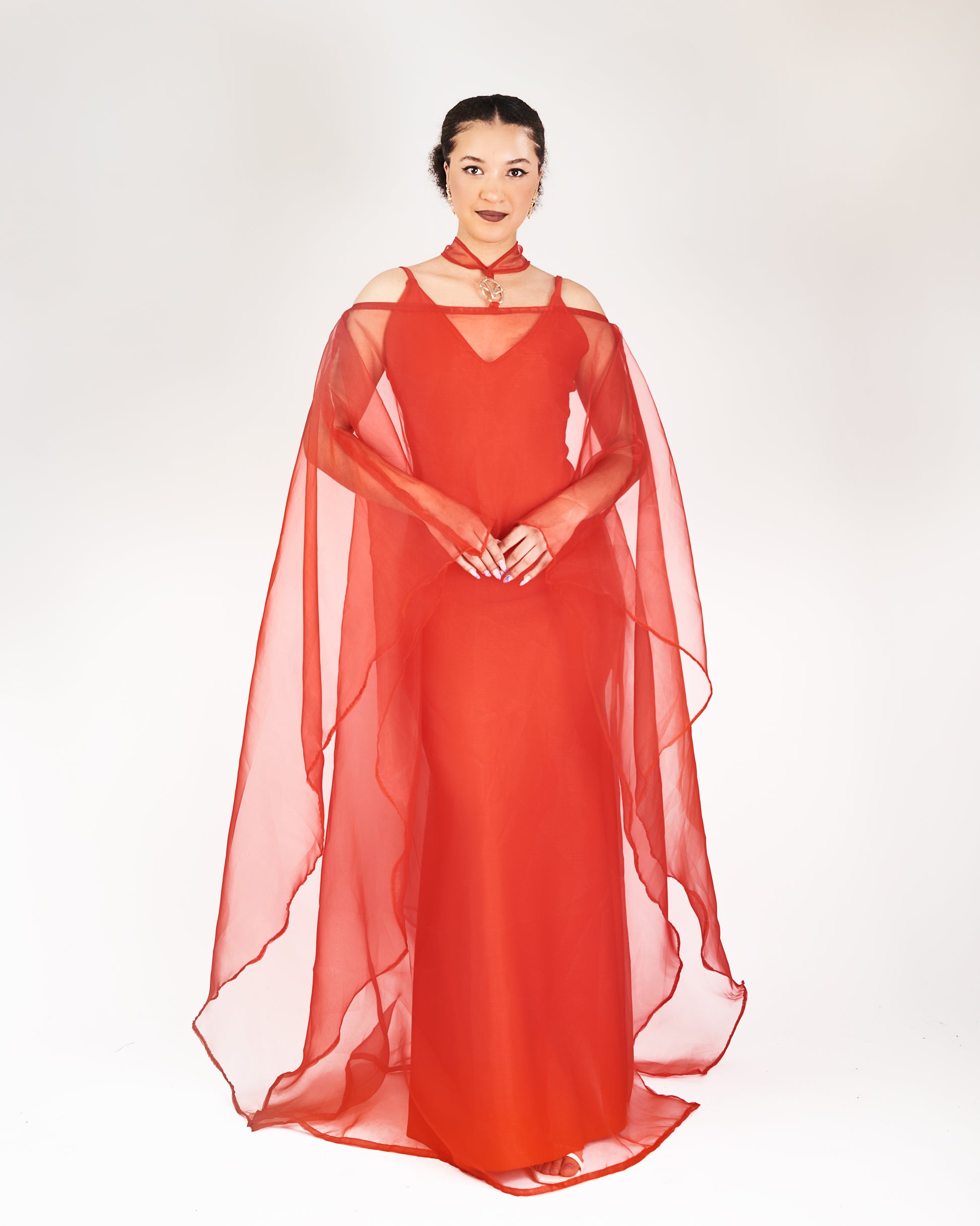 Adae Off-Shoulder Cape Dress in Scarlet Red