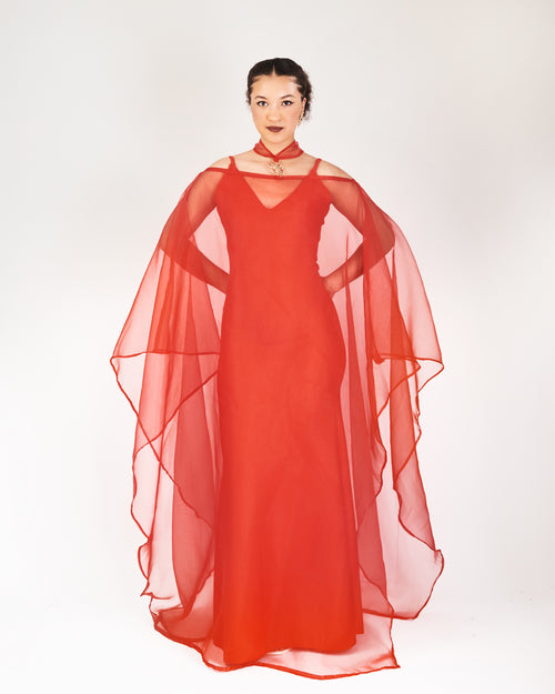 Adae Off-Shoulder Cape Dress in Scarlet Red