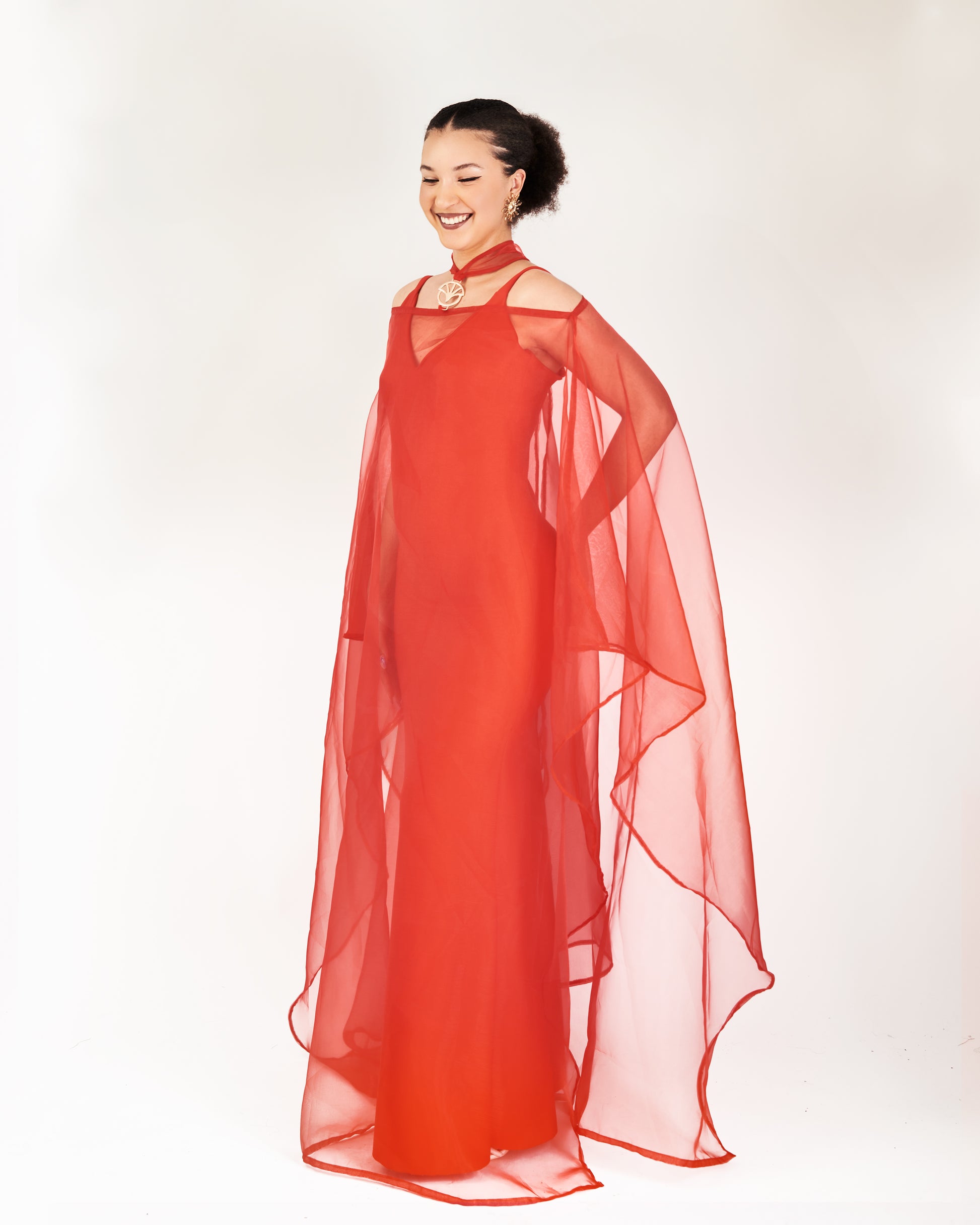 Adae Off-Shoulder Cape Dress in Scarlet Red