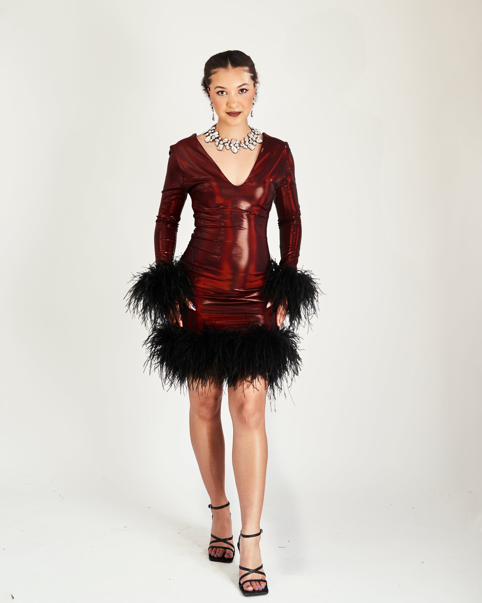 Bere Mini Boa Dress in Ruby Red